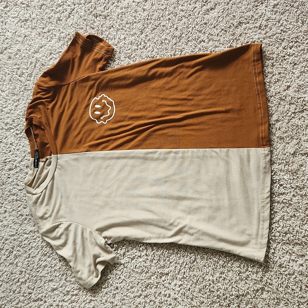 BOGO Shein Brown and Tan Juniors Tshirt Smiley Happy Face Color Block